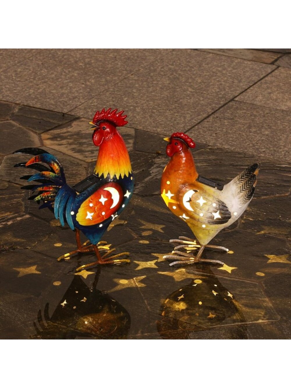 Hand-Painted Metal Rooster & Hen Garden Statues - Unique Outdoor Art Set